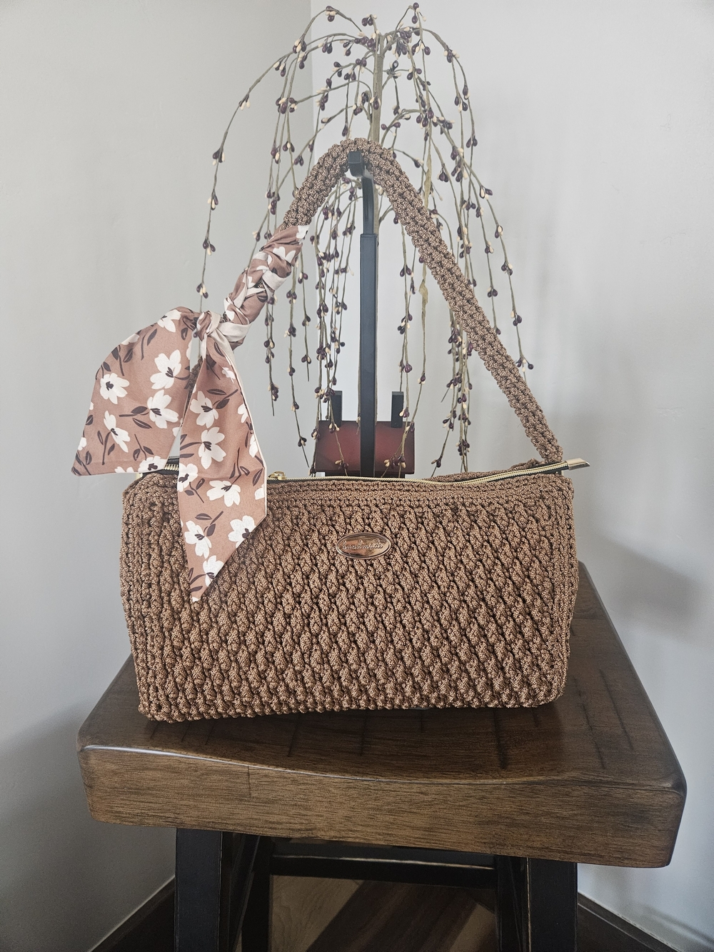 Brown Hand Crocheted By Me  Shoulder Bag with Floral Scarf Accent